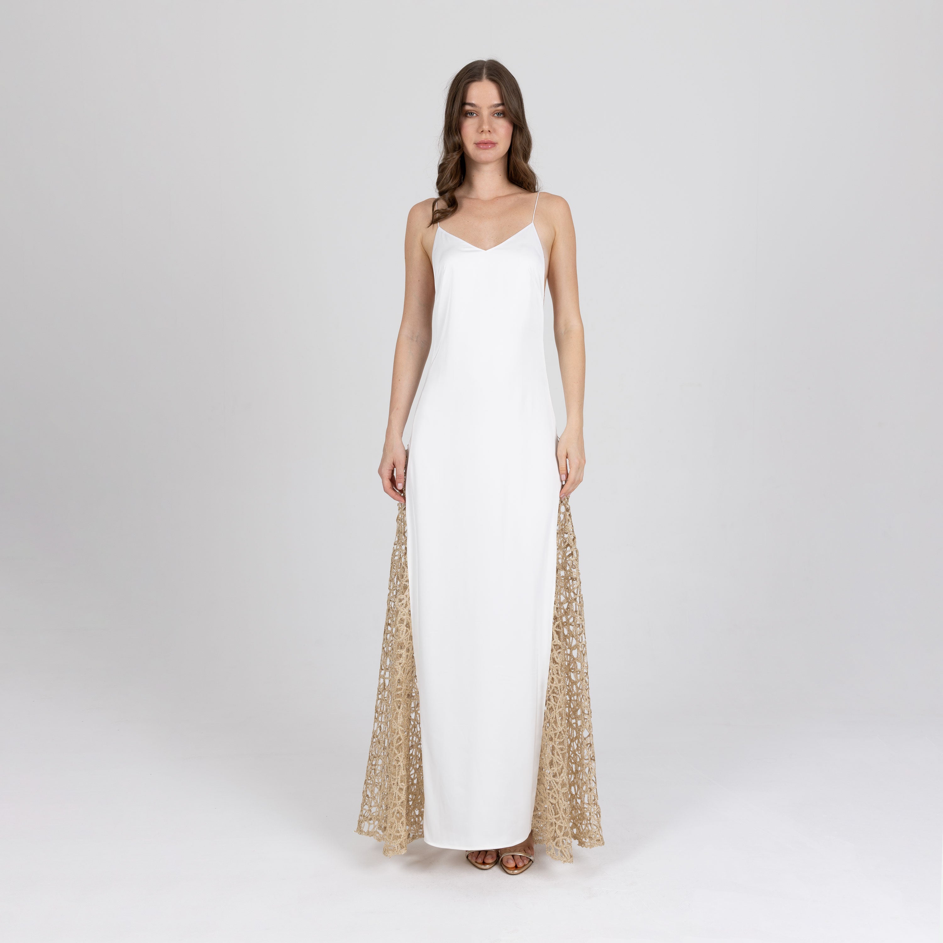 Front view of Calie Long Dress – elegant white satin gown with side slit
