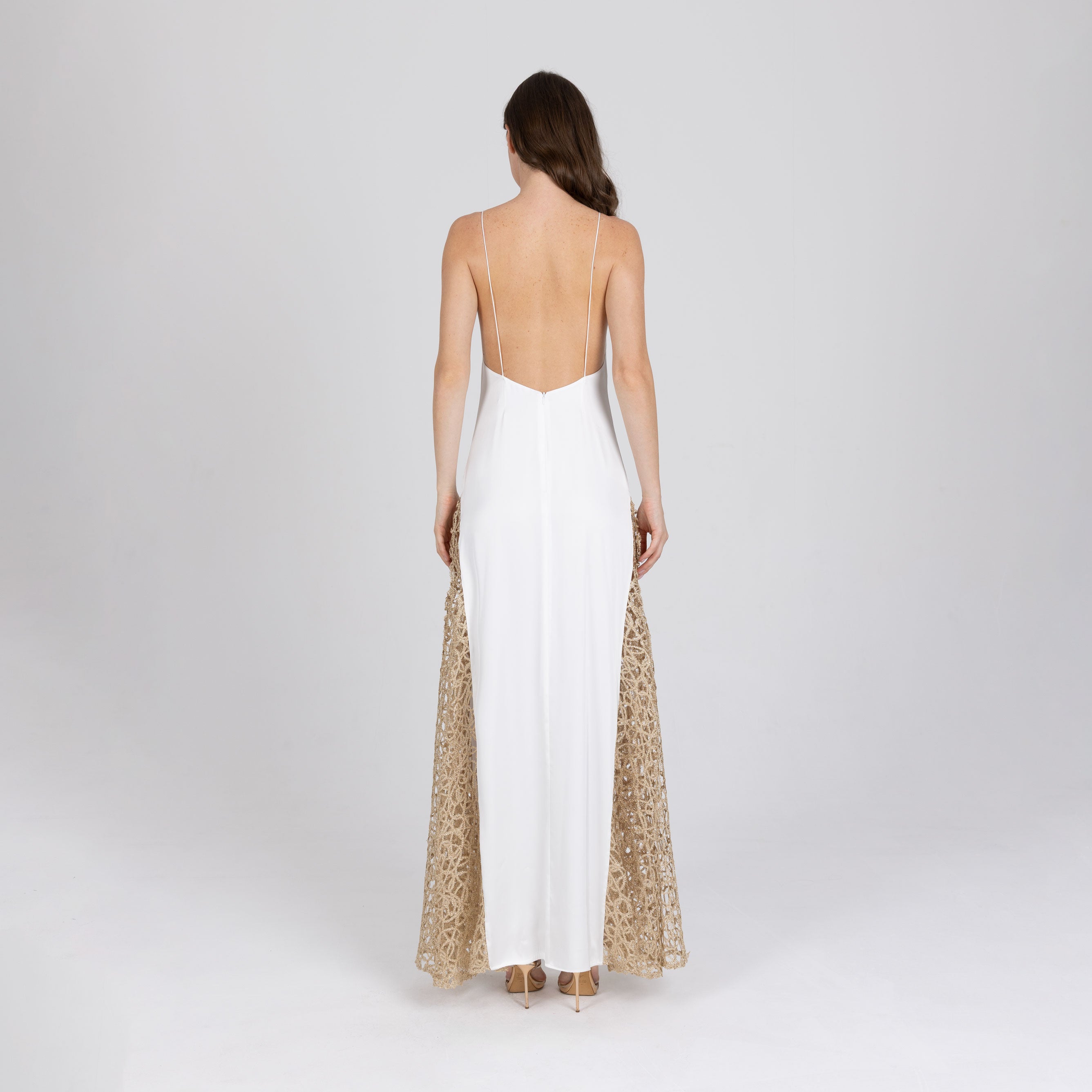 Elegant evening dress with thin straps and lace panels – Calie by A|LOUD