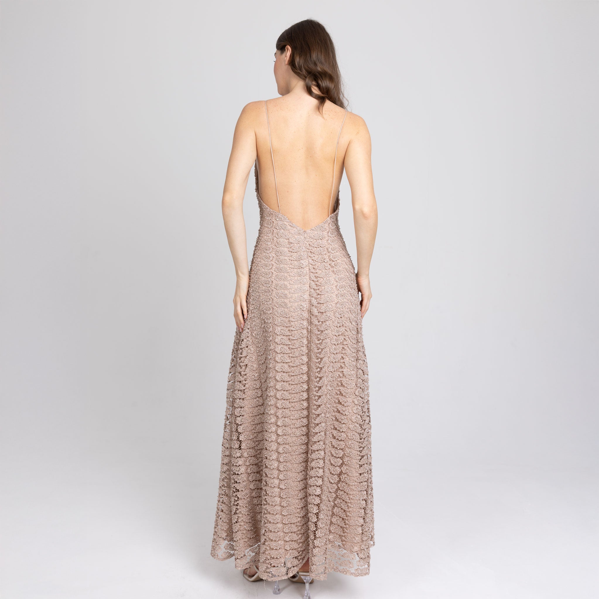 Low open back lace dress in nude tones with tonal satin details – handmade in Dubai