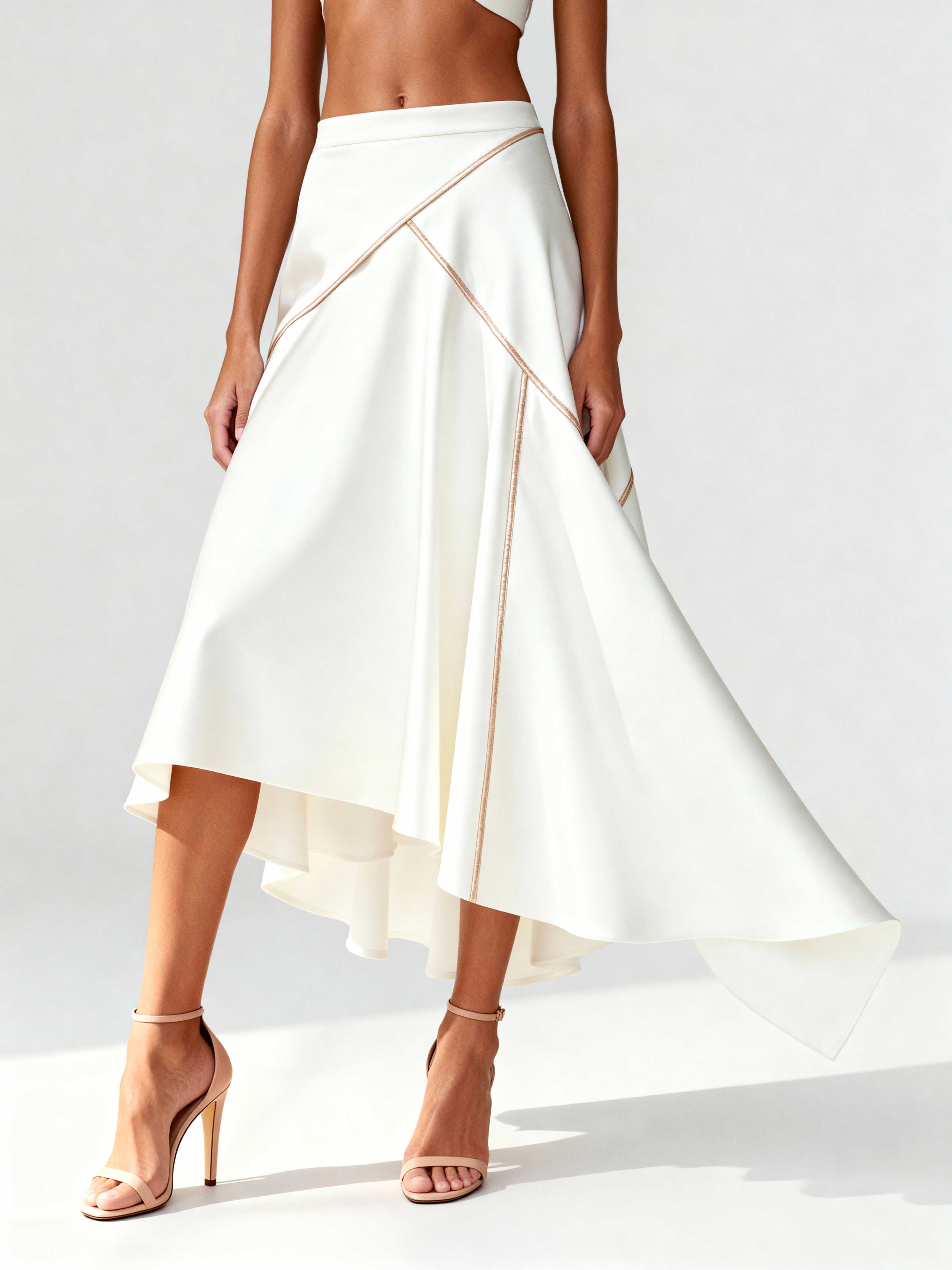 Side view of white crepe midi skirt with curved satin piping, captured mid-motion to reveal layered hem.