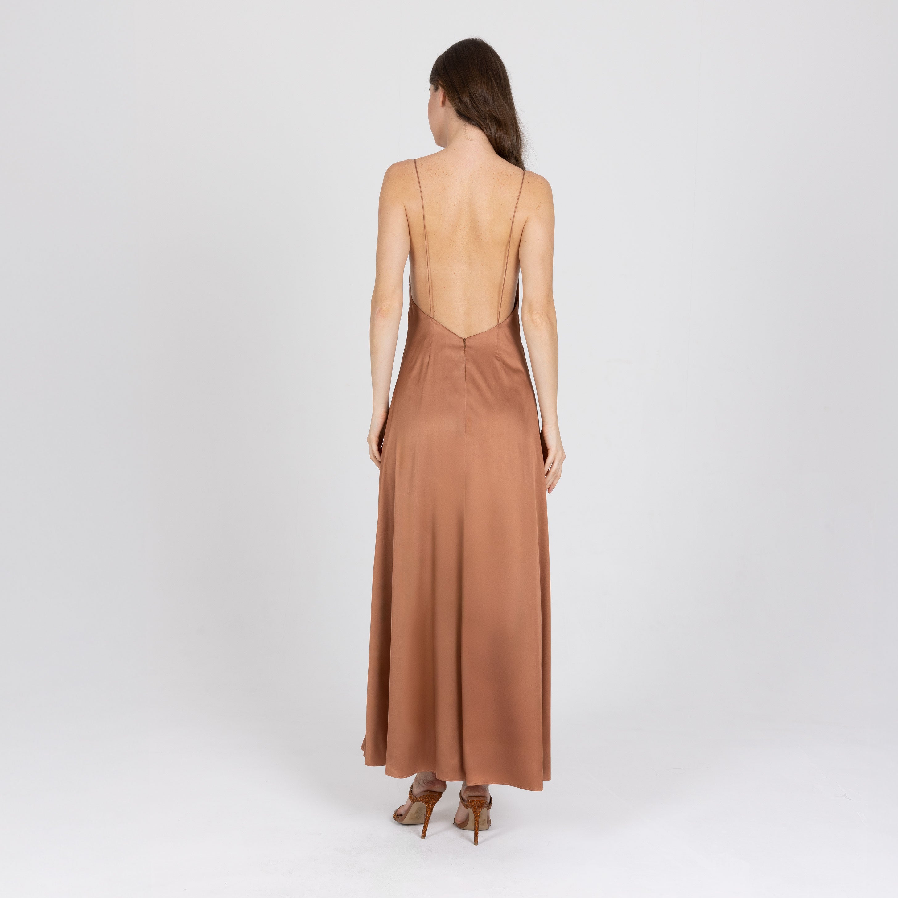 Backless copper satin dress with low V back and thin rouleau straps – Seréa slip dress