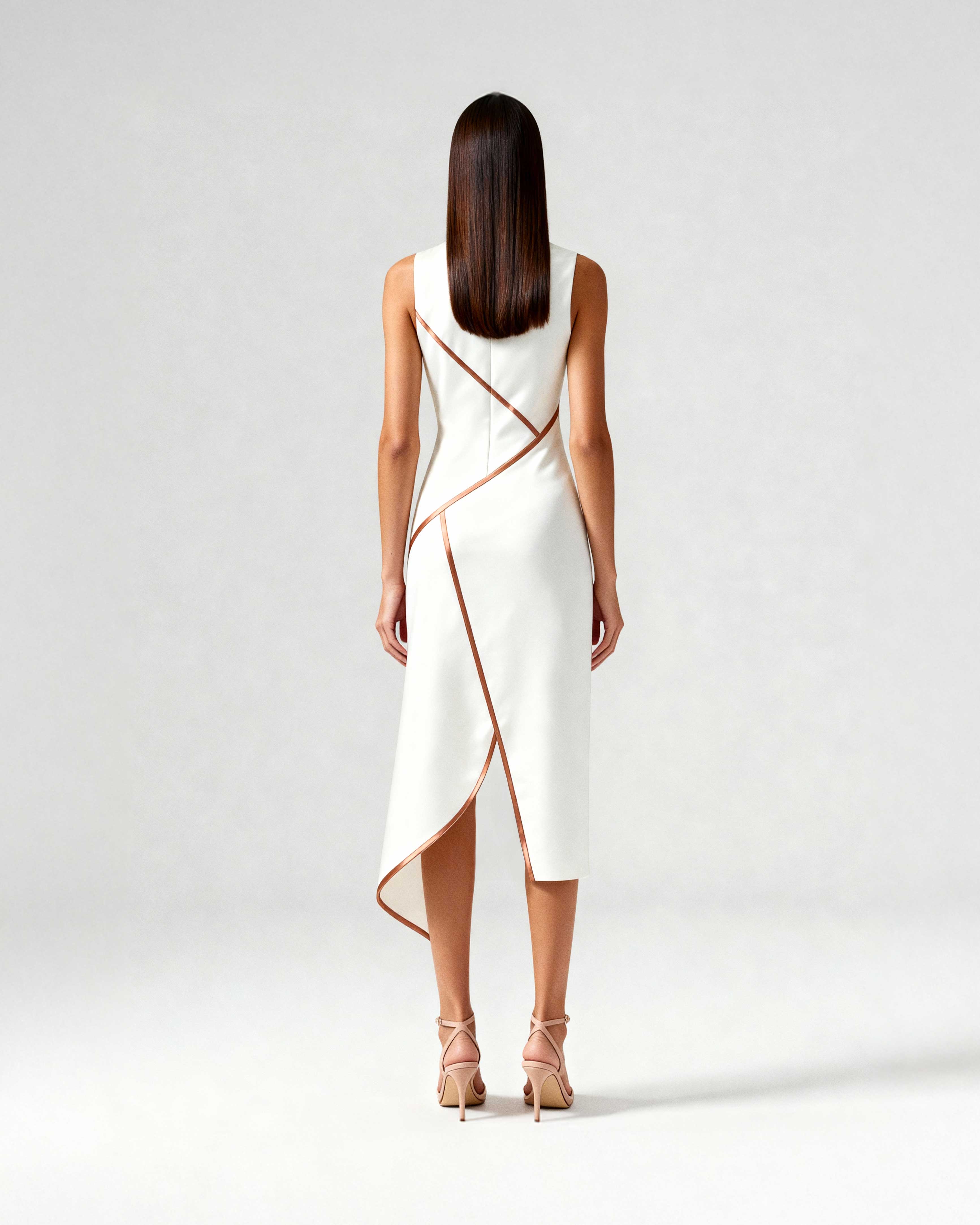 Back view of white midi dress with diagonal satin piping and asymmetric hem, highlighting the tailored back.