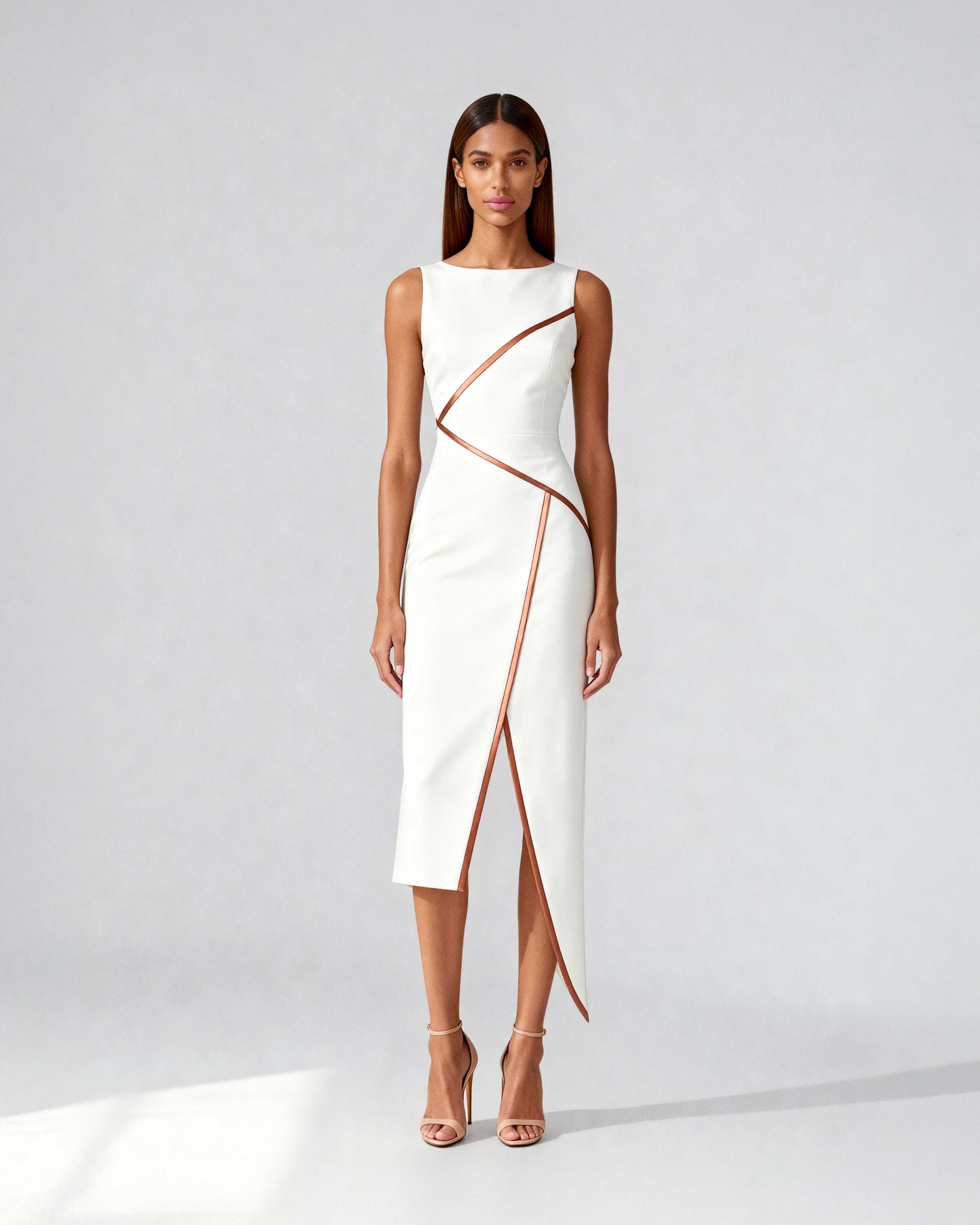 Model wearing white asymmetrical midi dress with satin piping, featuring a sculpted silhouette and side slit.