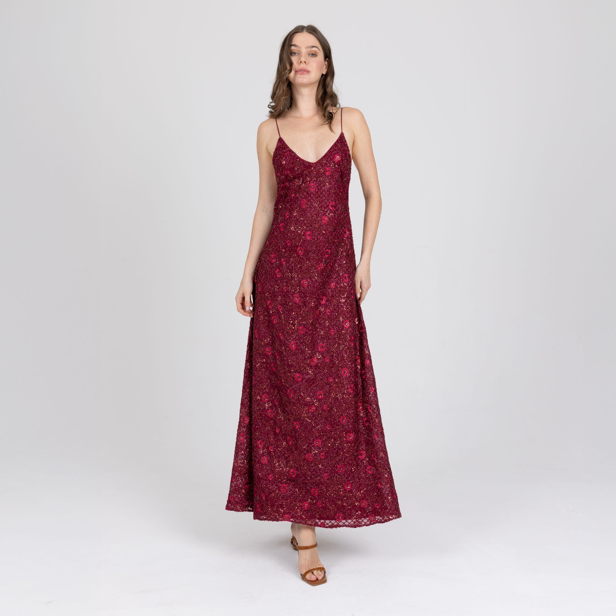 Model wearing full-length red embroidered slip dress with V neckline – Vedra by A|LOUD