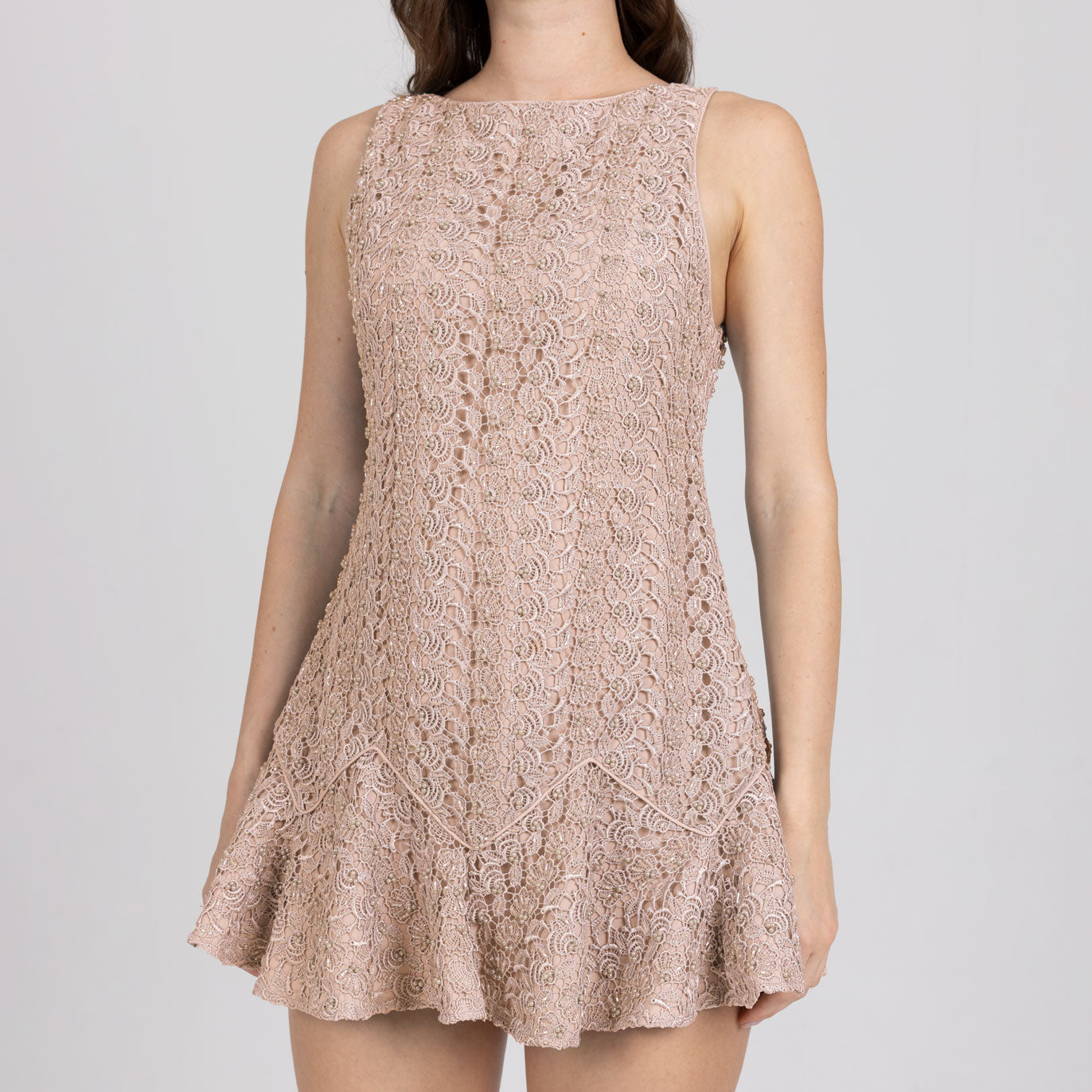 Close-up of nude corded lace – Zayra Mini Dress with sartorial piping detail