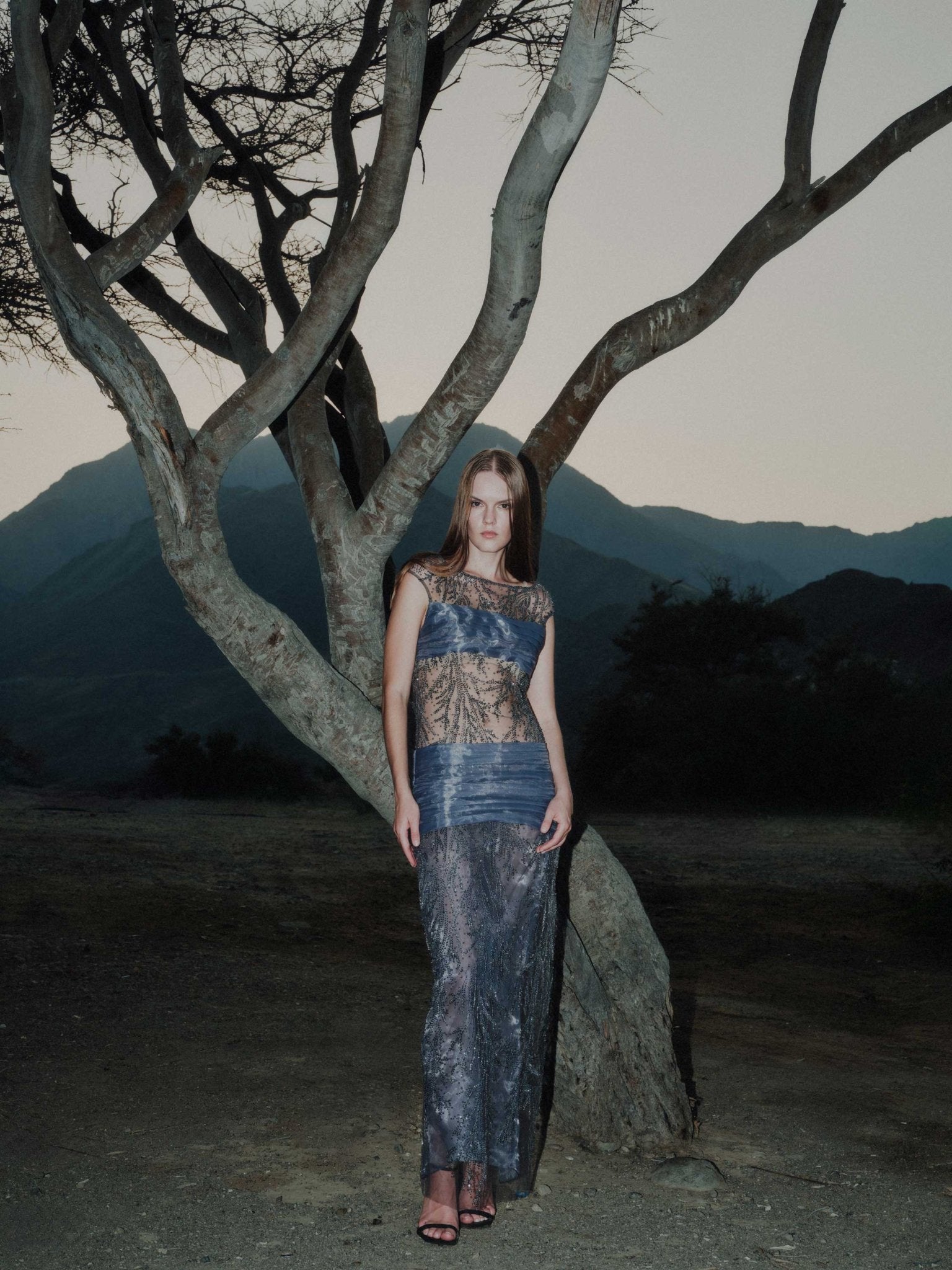 Muse Gown detail: silk waistband and sheer bodice embroidery