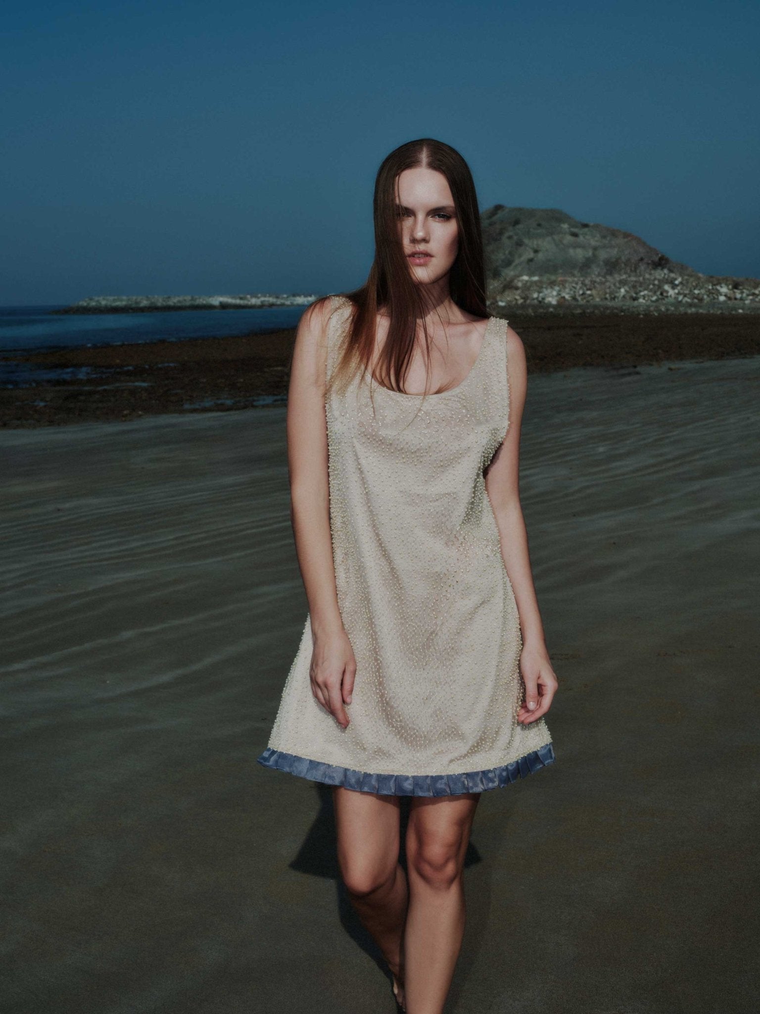 Aurea cocktail mini dress in hand-beaded tulle – front view