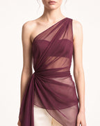 Burgundy Draped Silk Chiffon One Shoulder Top