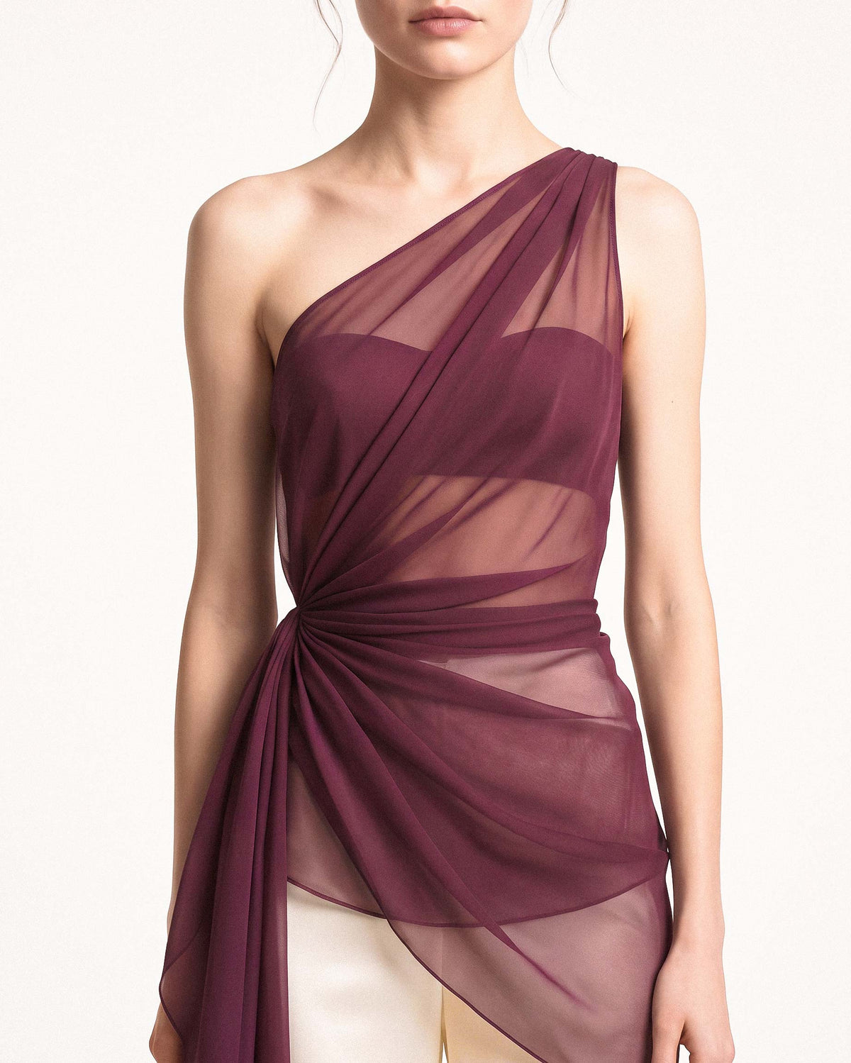 Burgundy Draped Silk Chiffon One Shoulder Top