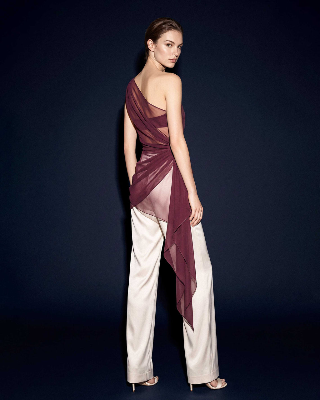 Burgundy Draped Silk Chiffon One Shoulder Top