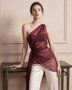 Burgundy Draped Silk Chiffon One Shoulder Top