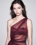 Burgundy Draped Silk Chiffon One Shoulder Top