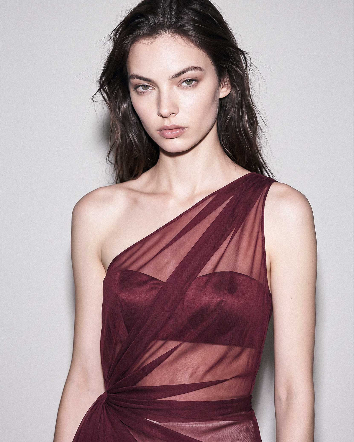 Burgundy Draped Silk Chiffon One Shoulder Top