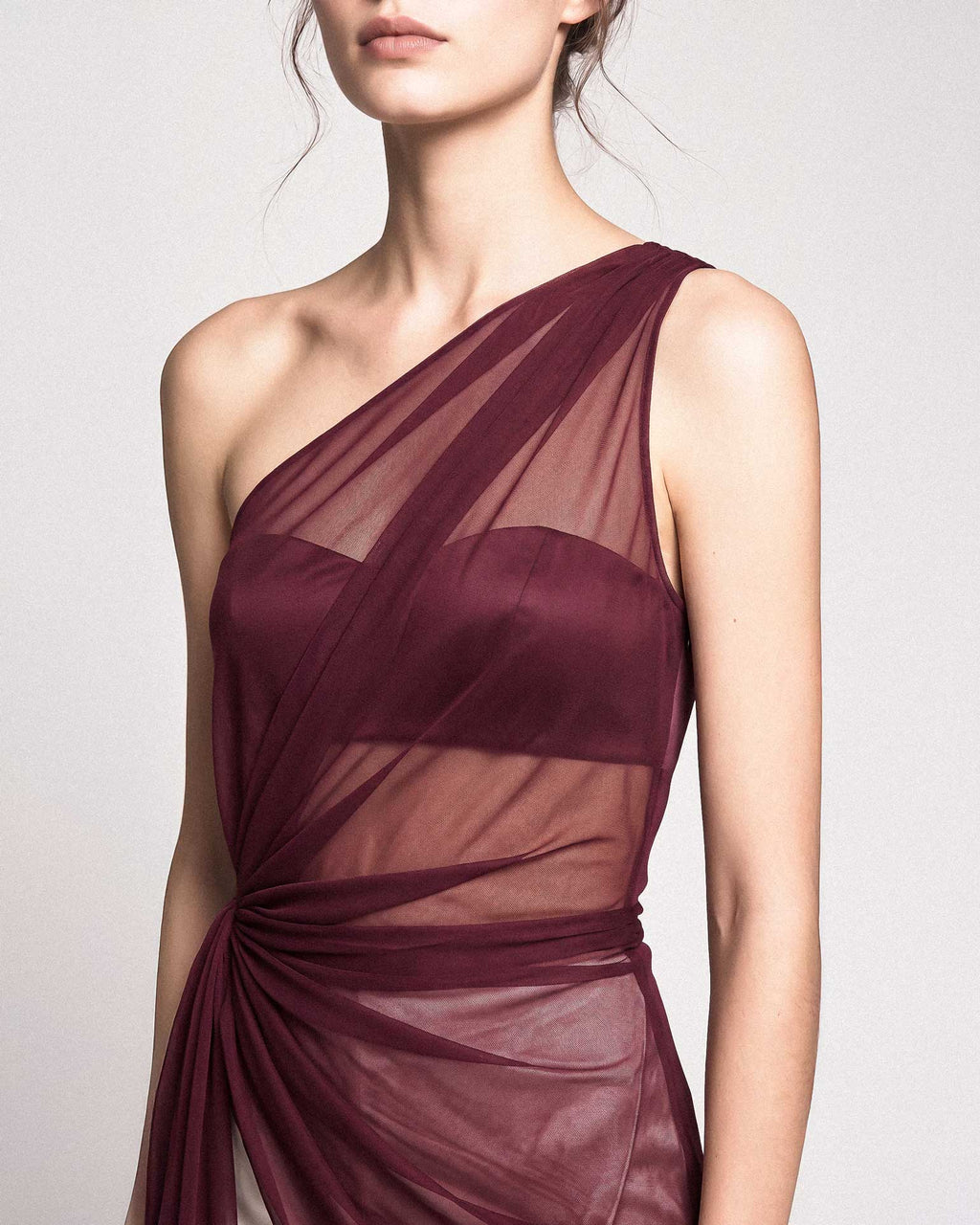 Burgundy Draped Silk Chiffon One Shoulder Top