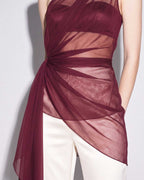 Burgundy Draped Silk Chiffon One Shoulder Top