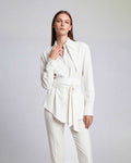 White linen tie waist shirt with sculpted silhouette and elongated collar