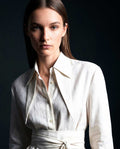 White linen shirt with tie waist detail and elongated collar