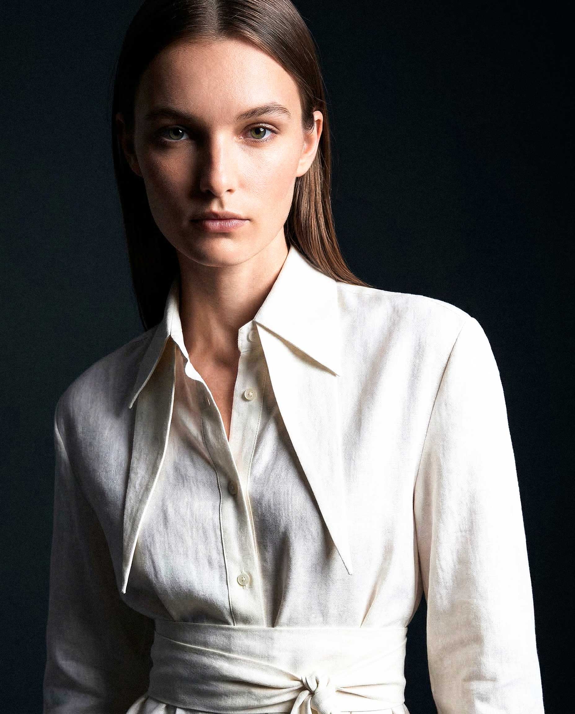White linen shirt with tie waist detail and elongated collar