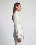 White linen shirt with fluid drape and elongated collar