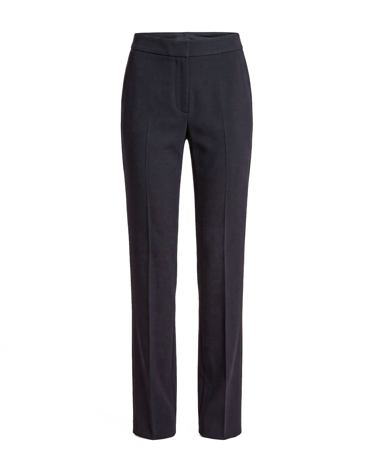 Front product view of the black tailored crepe trousers with a clean waistband and straight-leg silhouette by A|LOUD