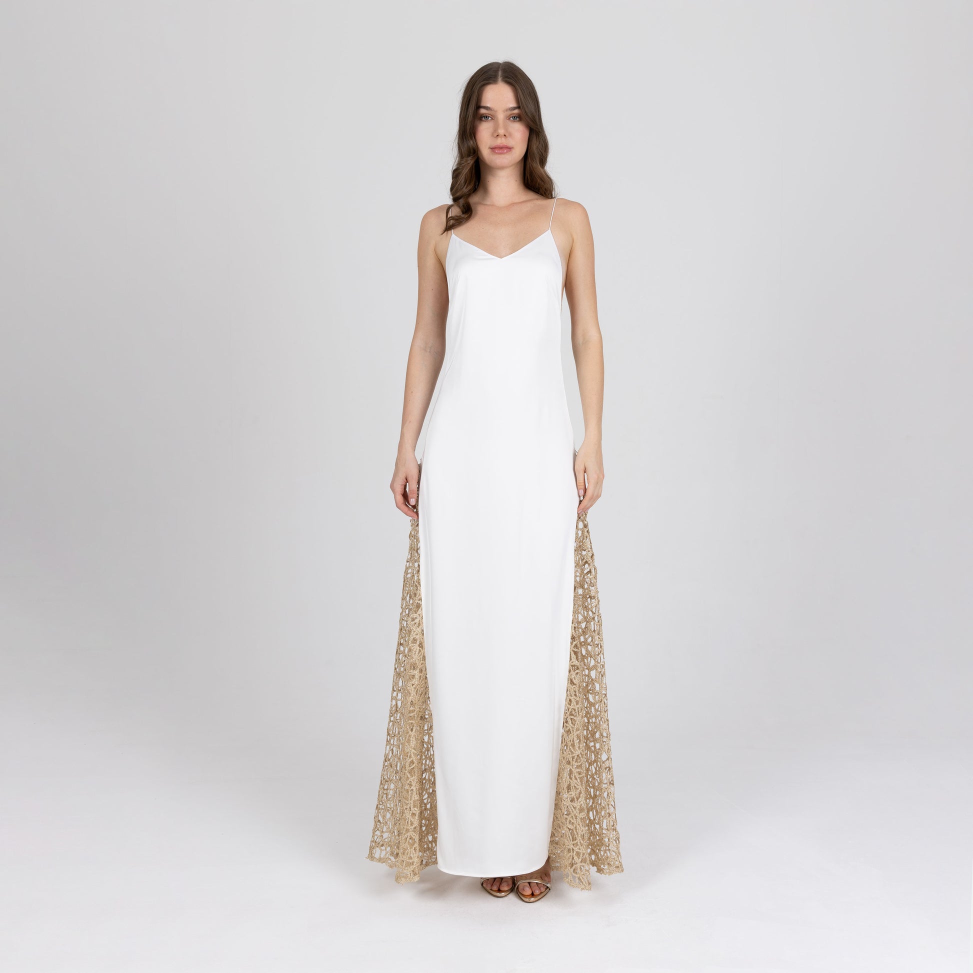 Front view of Calie Long Dress – elegant white satin gown with side slit