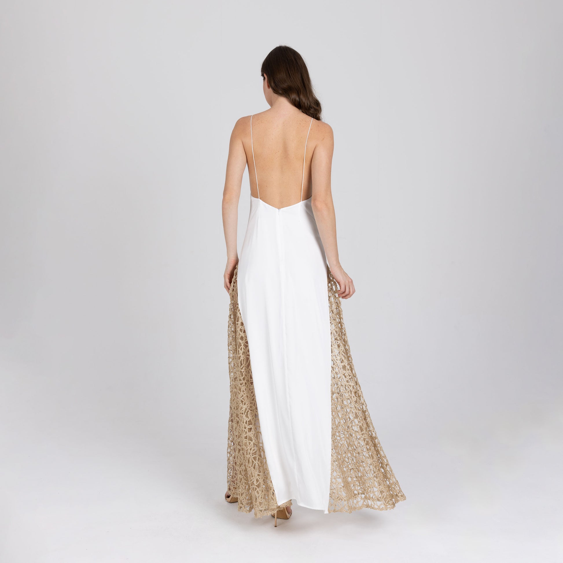 Open back satin gown with gold lace detail – bridal alternative evening dress