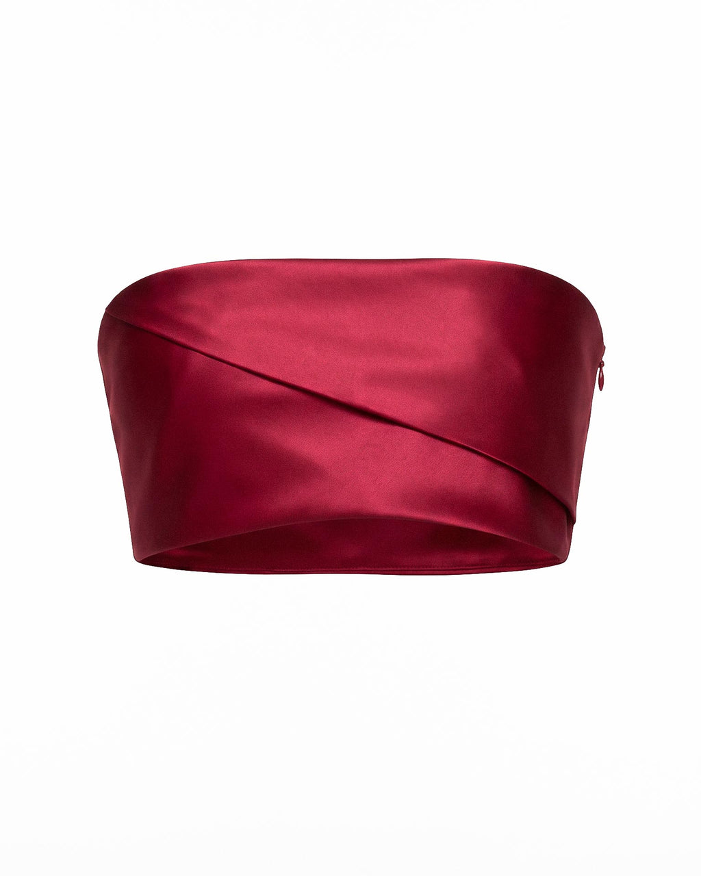 Front product view of the ÉLYR burgundy silk satin bandeau with sculptural wrap detail by A|LOUD.