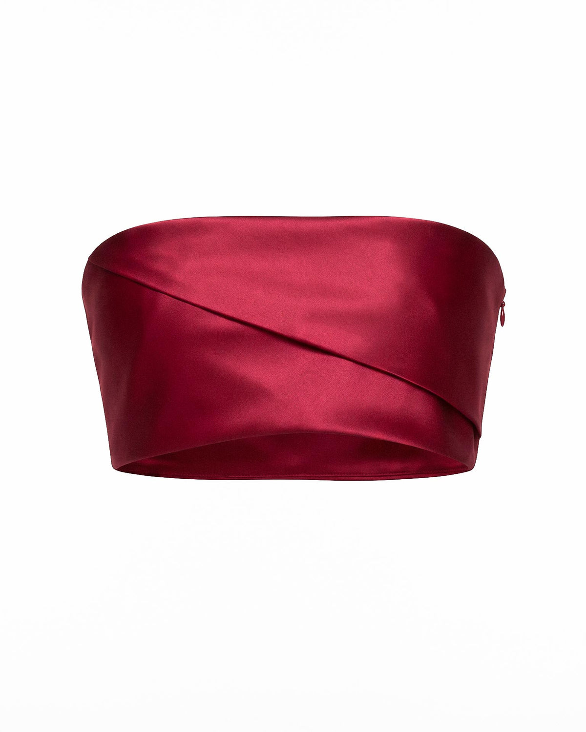Front product view of the ÉLYR burgundy silk satin bandeau with sculptural wrap detail by A|LOUD.