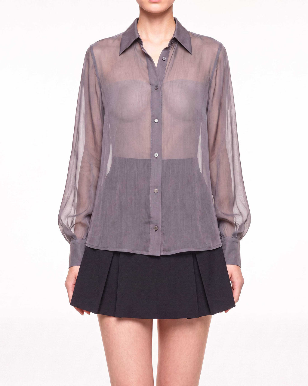 Front detail of the ÉLYR sheer charcoal silk chiffon shirt with button closure, pointed collar and voluminous sleeves by A|LOUD