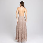 Low open back lace dress in nude tones with tonal satin details – handmade in Dubai