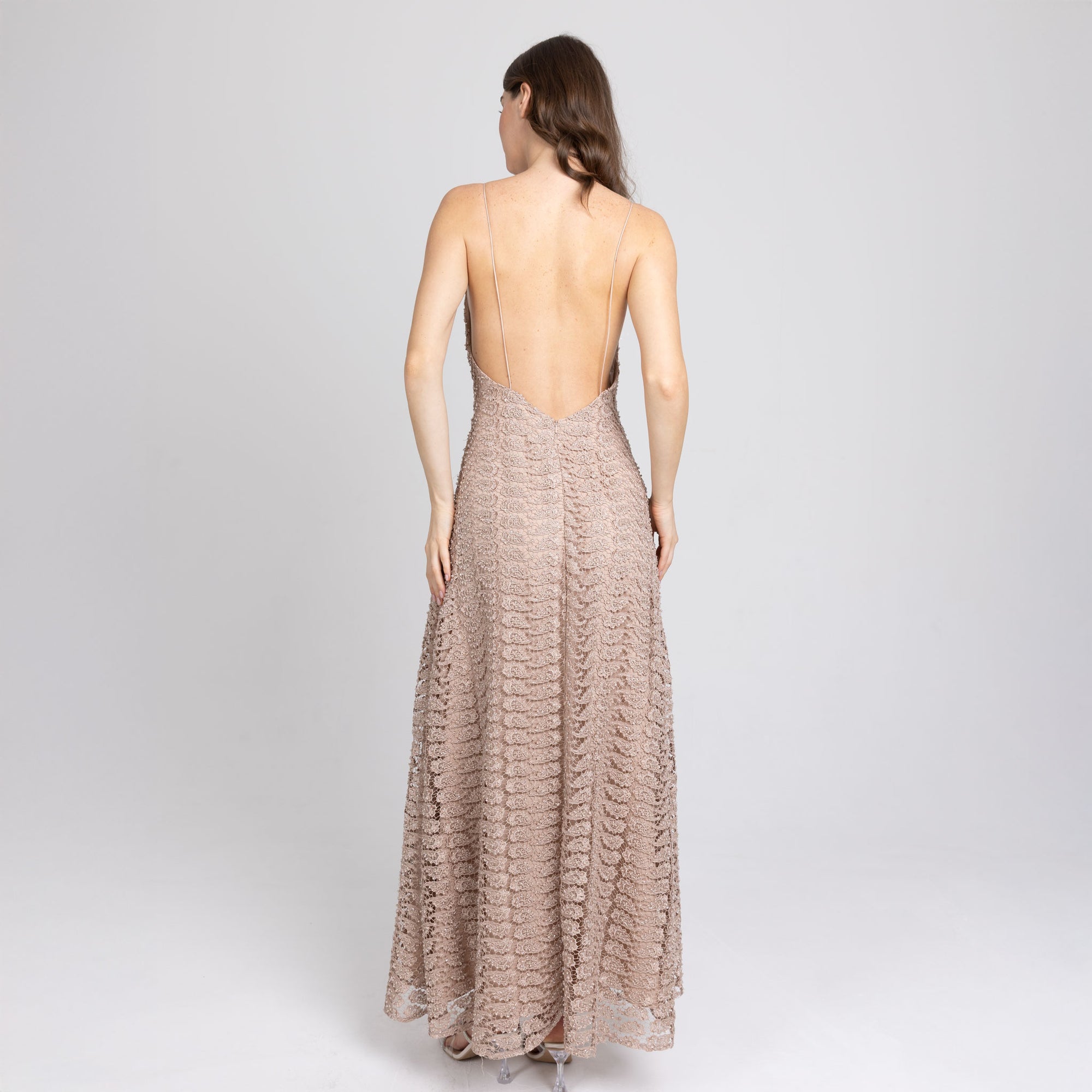Low open back lace dress in nude tones with tonal satin details – handmade in Dubai