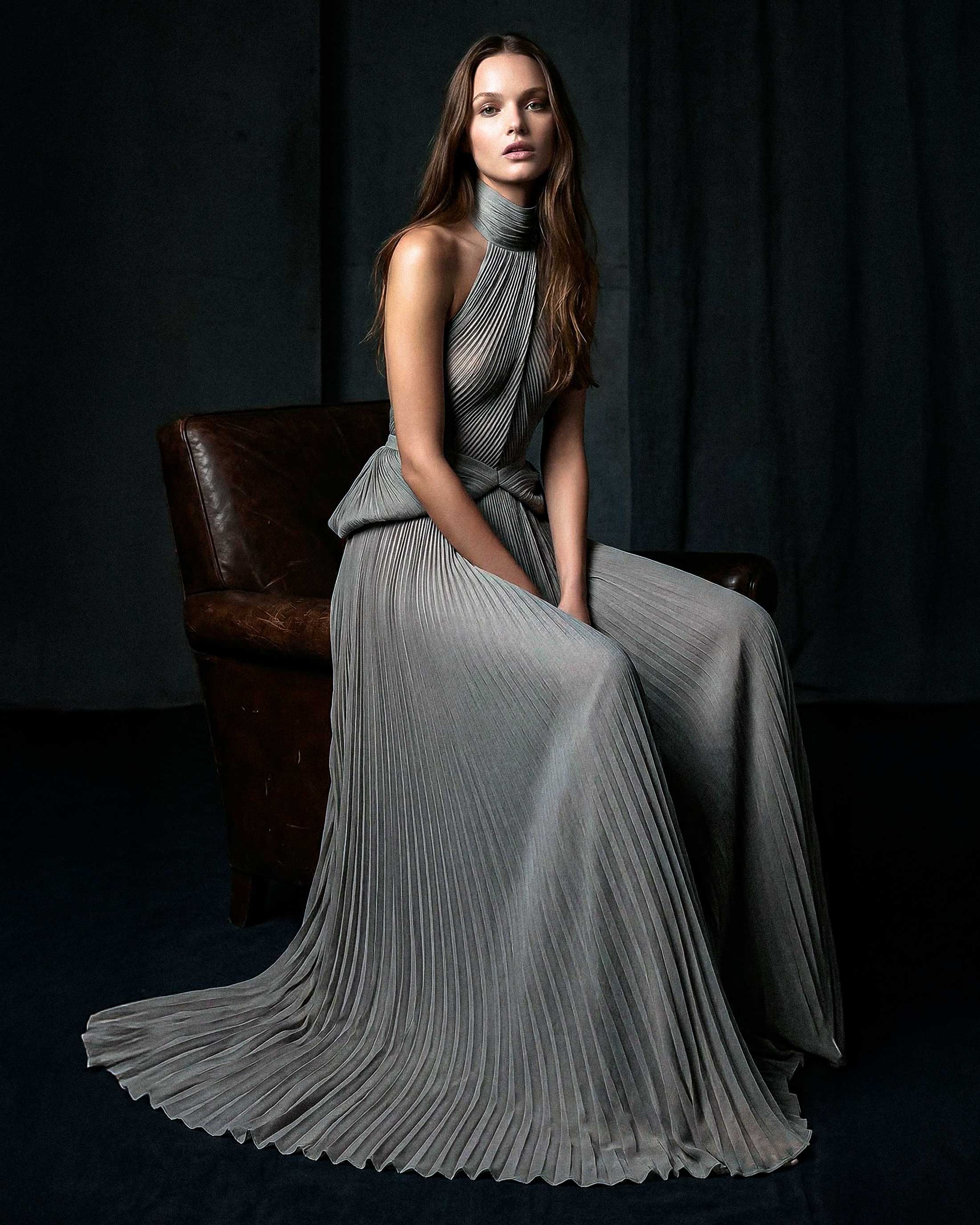 ELVYRA grey pleated halter gown with sculpted waist and open back