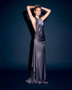 Front view of MIREILLE silk satin evening gown with halter neckline and draped waist detail
