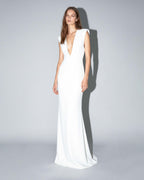 ISARA white evening gown with deep V neckline and sculpted shoulders