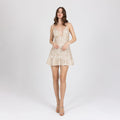 Model wearing gold embroidered lace mini dress with deep V neckline – Lioren by A|LOUD