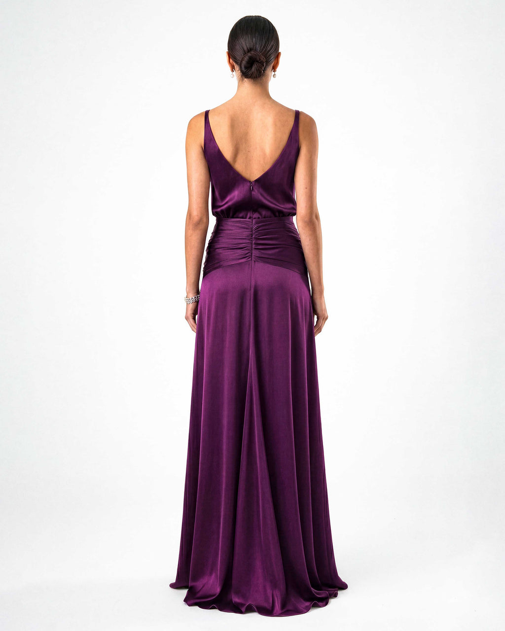 Back view of satin evening dress with open back design