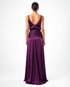 Back view of satin evening dress with open back design