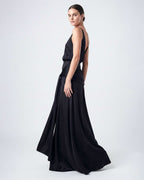 Side view of black satin evening dress