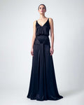 black satin evening dress with deep V neckline and draped waist