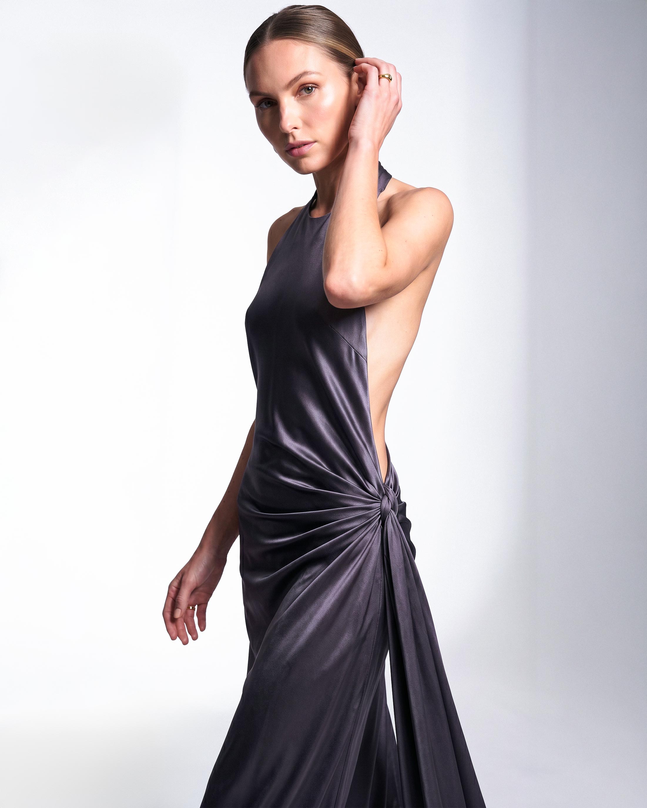 Draped waist knot detail on silk satin evening gown
