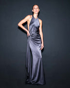 Floor-length silk satin evening dress with asymmetric neckline