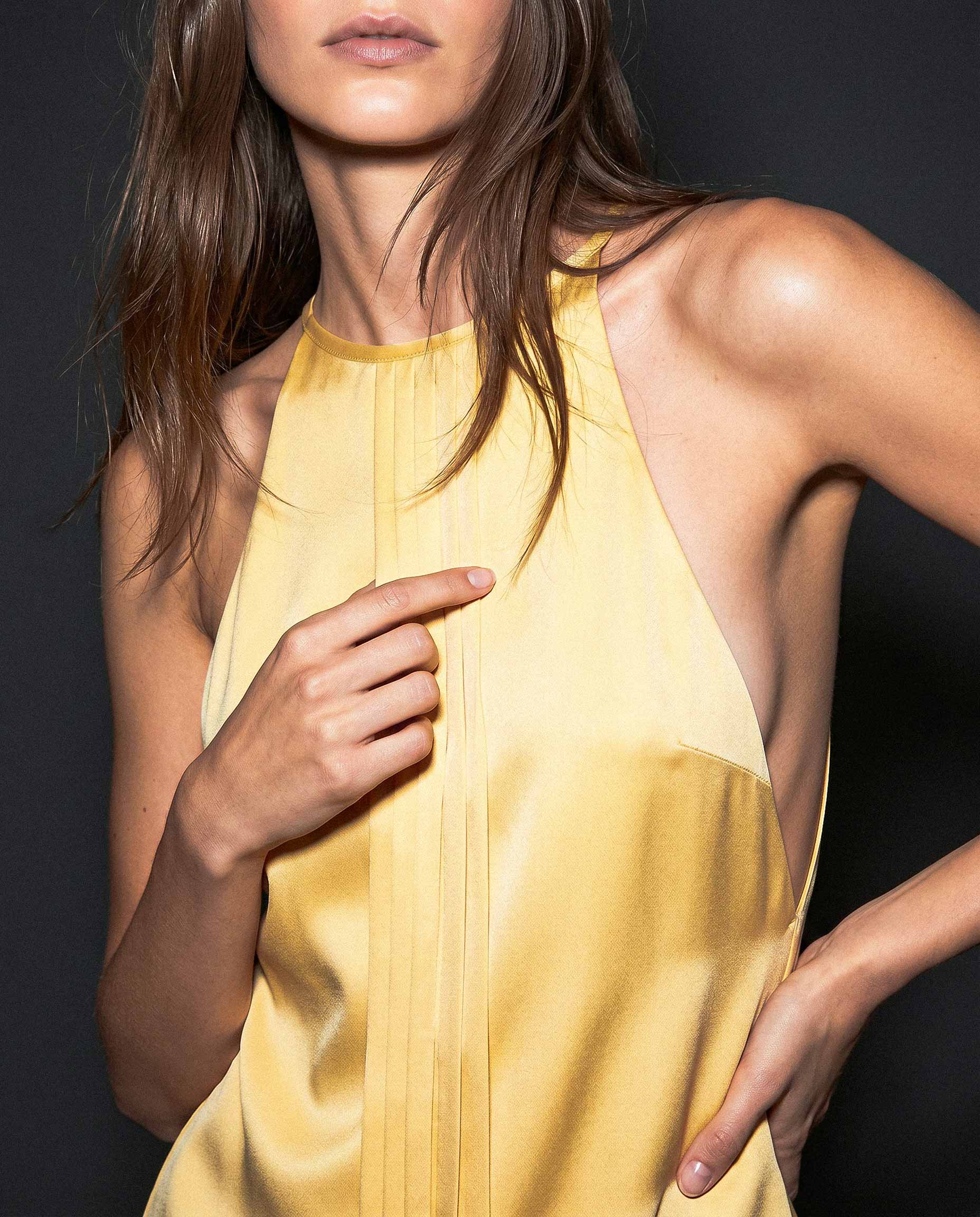 High neckline silk satin halter top in butter yellow