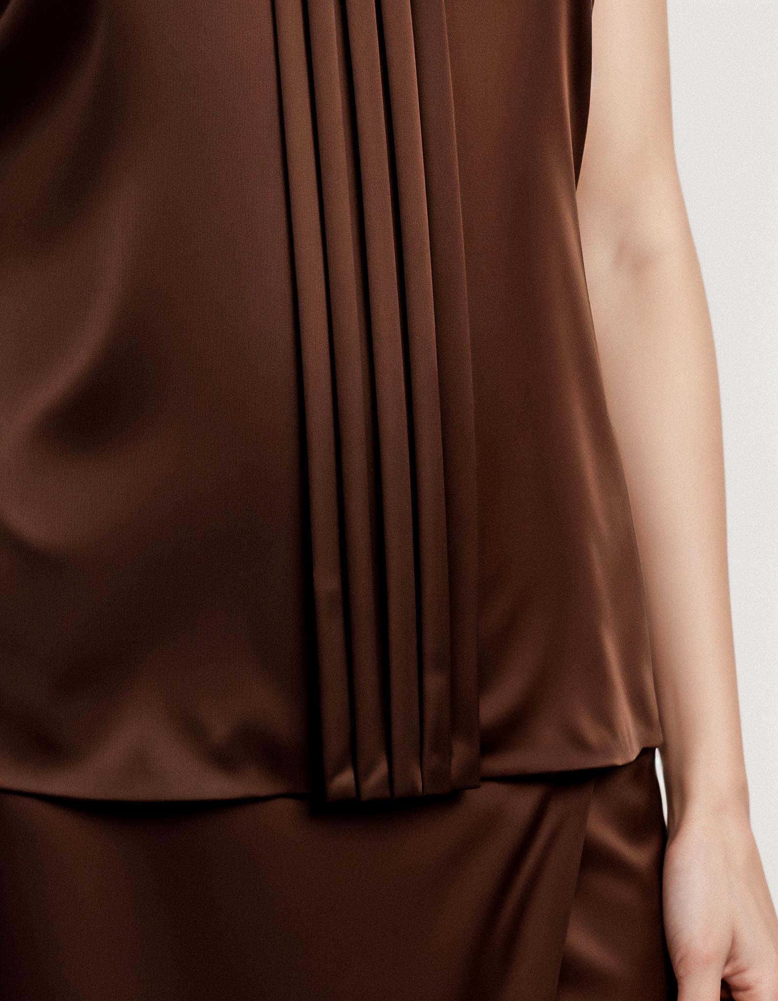 Silk satin halter top with vertical pleated panel