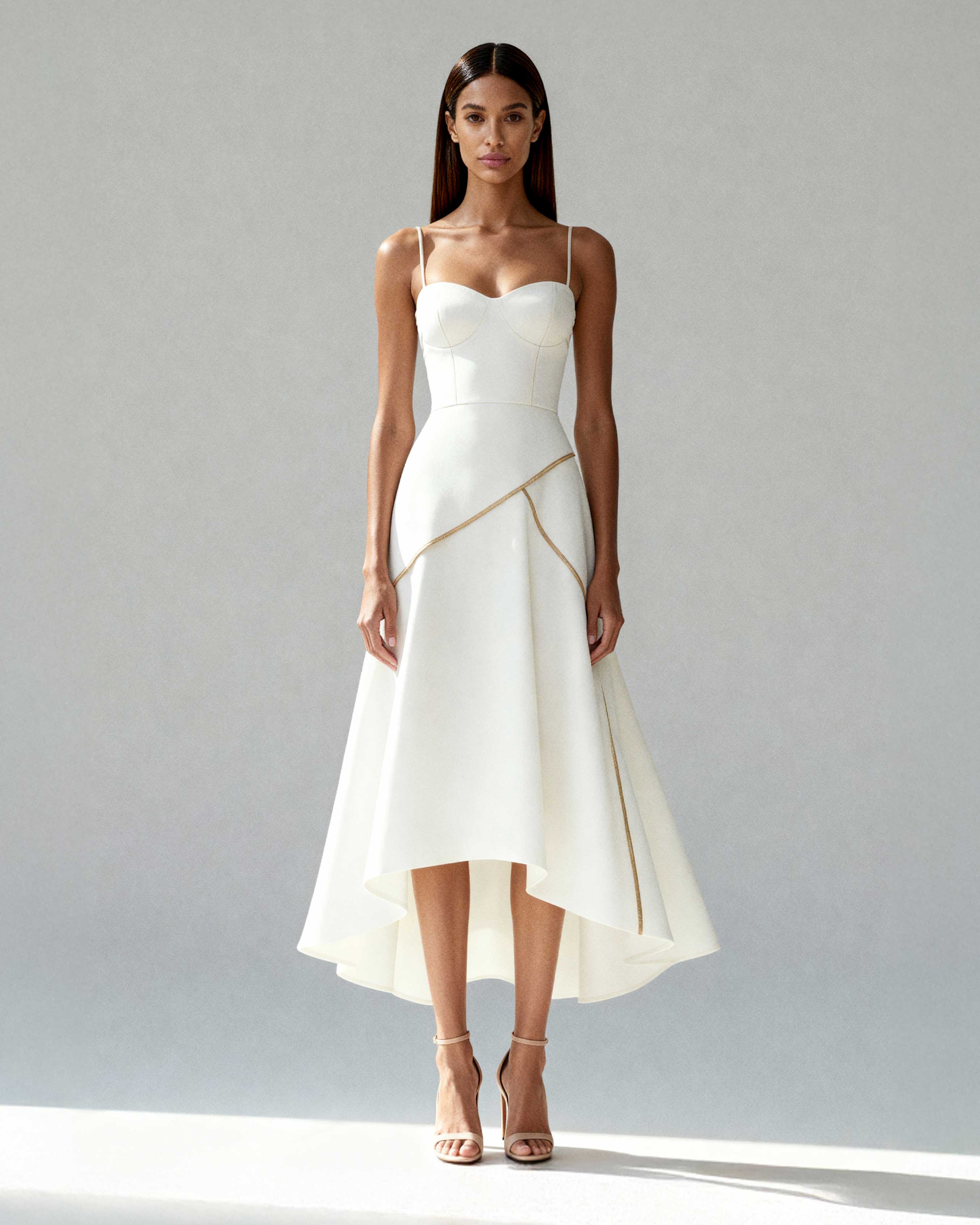 Front view of Nayla midi dress in white satin with sculpted bodice and flowing wrap-effect skirt