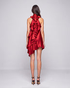 Full back view of the red silk satin mini dress showing the cascading back ruffles and asymmetric hem by A|LOUD.
