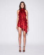 Full front view of the red silk satin mini dress featuring cascading ruffles and an asymmetric mini hem by A|LOUD.