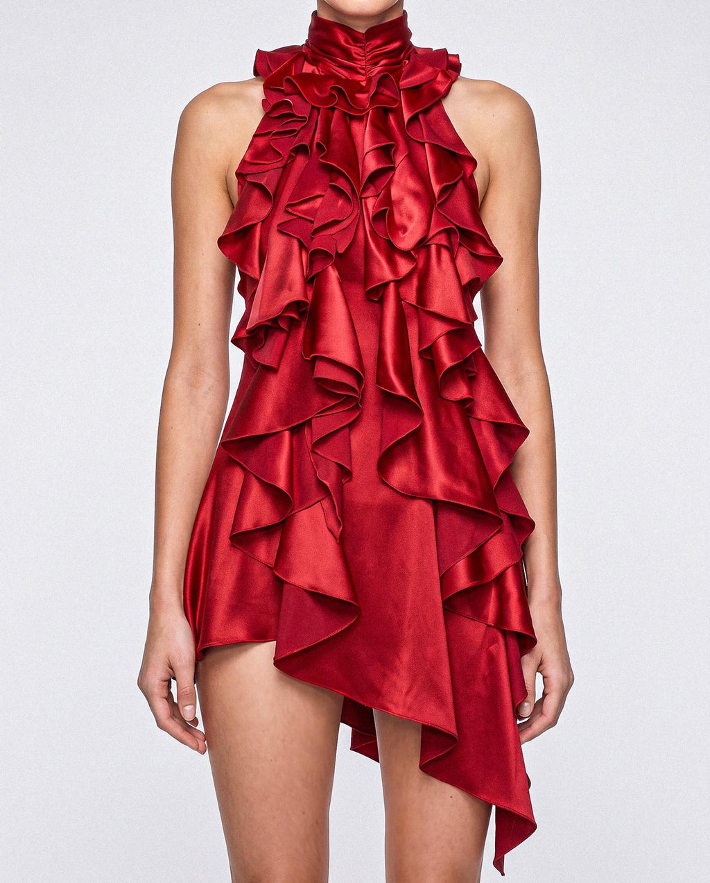Front view highlighting the fluid silhouette and layered ruffles of the red silk satin mini dress by A|LOUD.