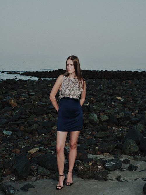 Satin and Embroidered Tulle Mini Dress
