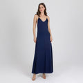 Model wearing navy blue satin slip dress with deep V neckline – Sireya by A|LOUD