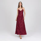 Model wearing full-length red embroidered slip dress with V neckline – Vedra by A|LOUD